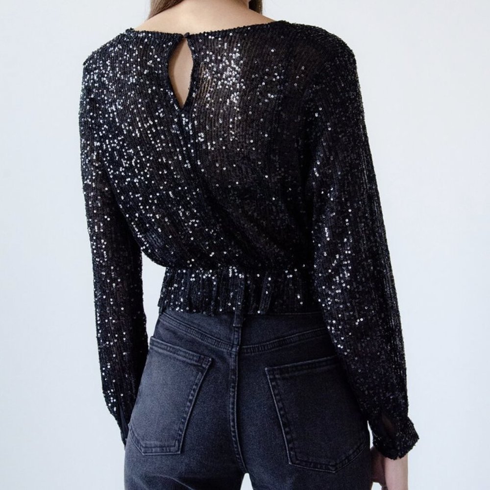 Sheer Sequin Ruffle Hem Crop Top | Q2 - Picture 2 of 5